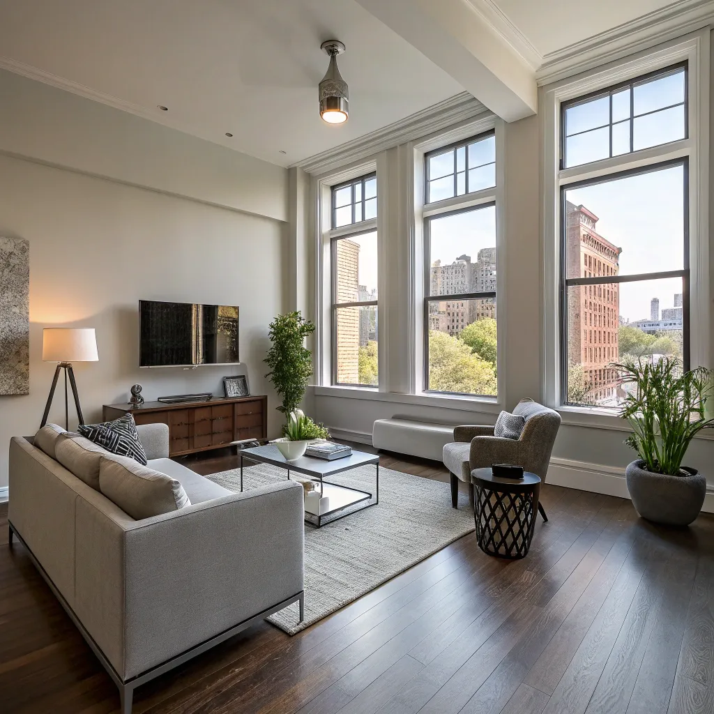 Renovated apartment interior showcasing a modern living room