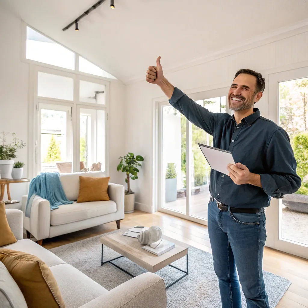 Client giving a thumbs up in their renovated living room